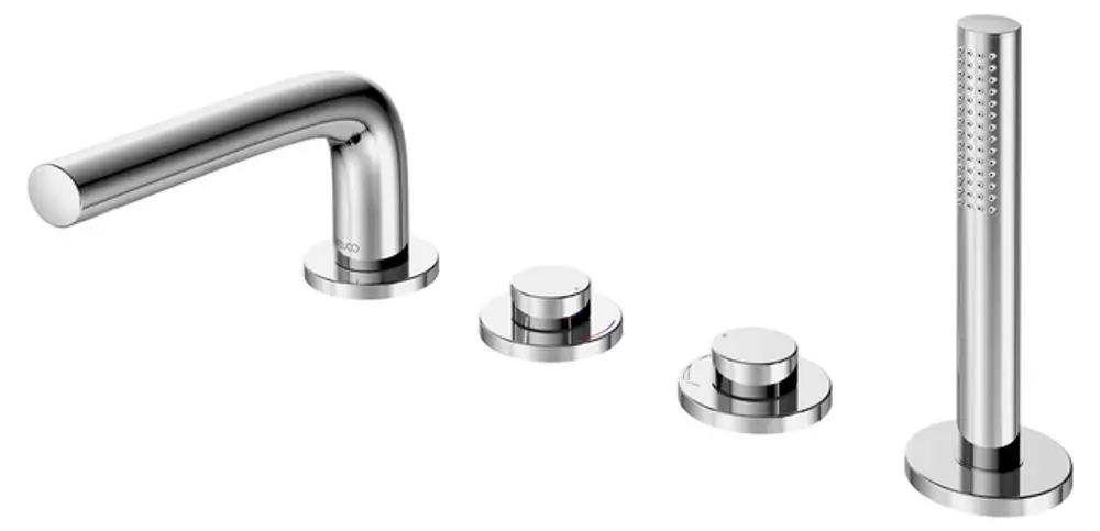 Keuco Wannenmischer mit zwei Bedienelementen und einem seitlichen Handbrauseanschluss, verchromte Oberfläche, geeignet für eine 4-Loch-Installation am Wannenrand.